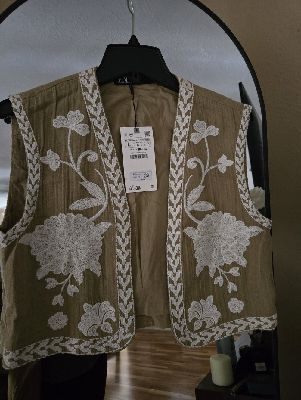 Zara Olive Crop Vest with White Floral Embroidery